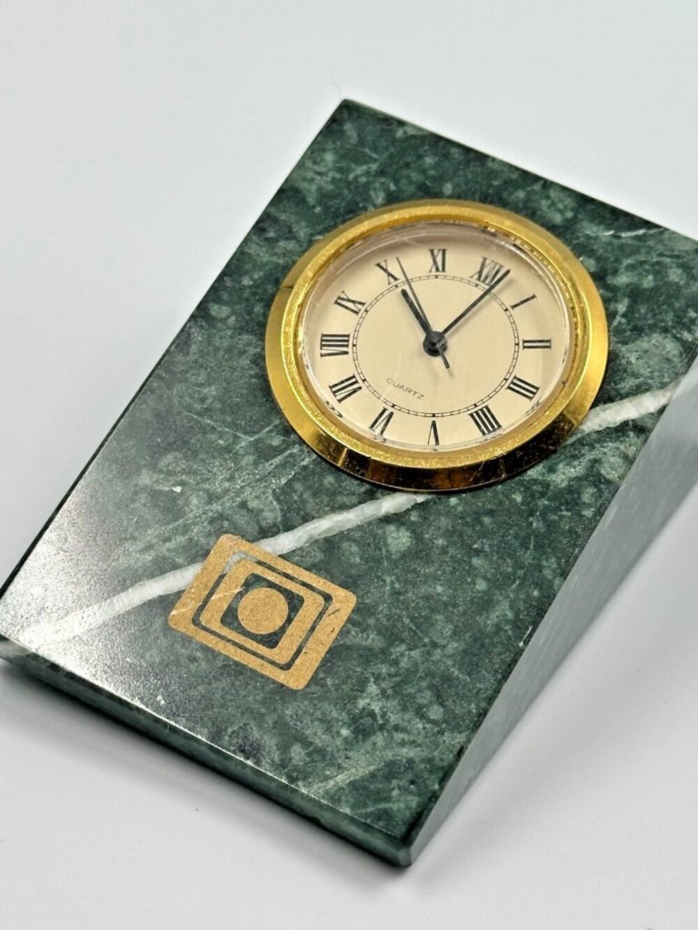 Vintage Desk Clock Green Marble Stone Gold Tone Roman Numeral Mantel Shelf Decor